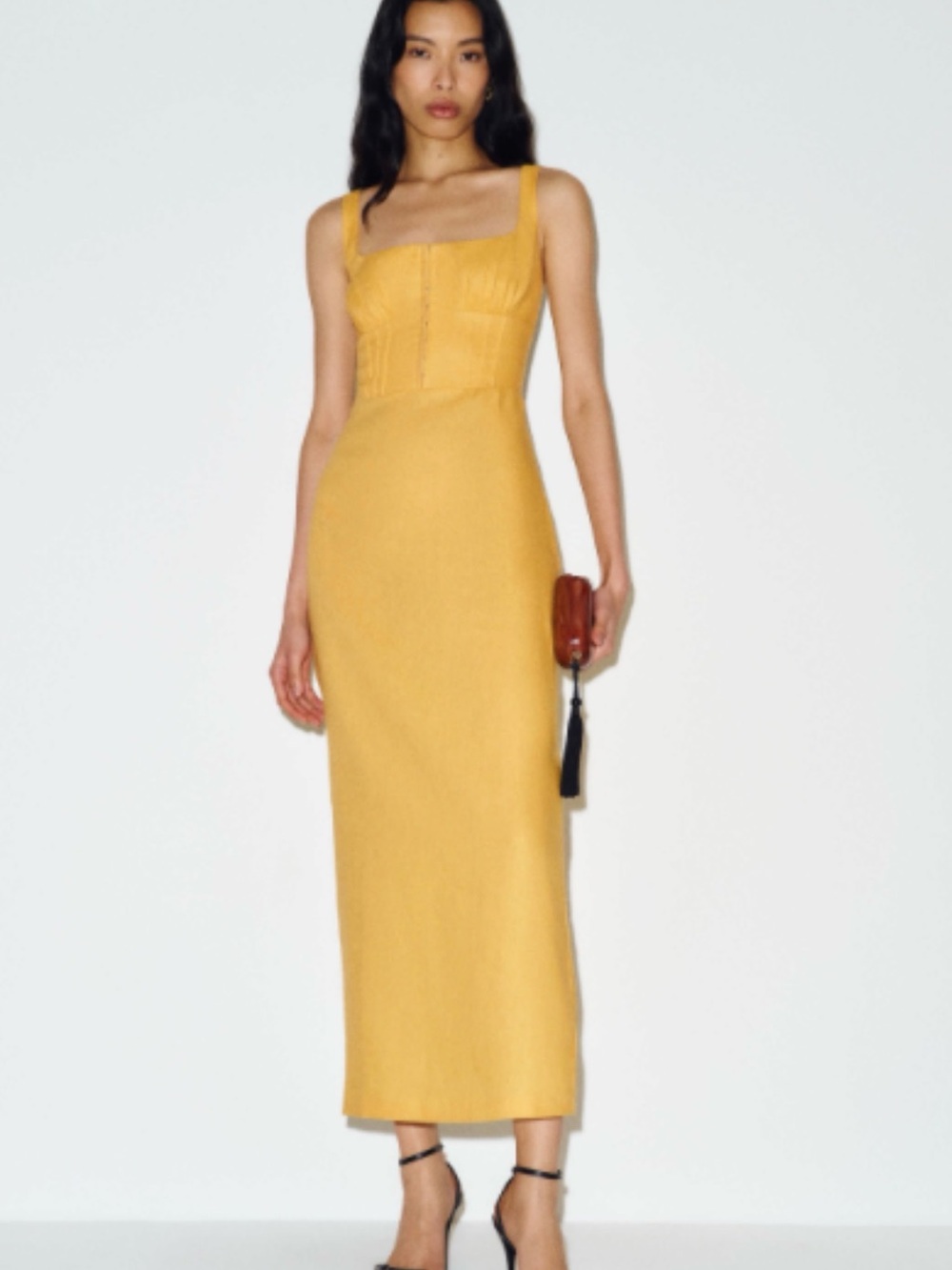 Reformation Mustard Square-Neck Midi Dress with Corset Bodice